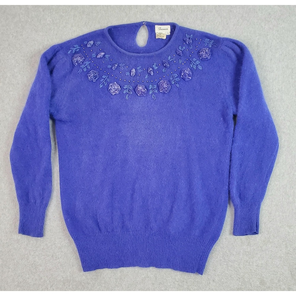 Vintage Shannon Sweater Womens Large Blue Angora Floral Beaded Puff Sleeve